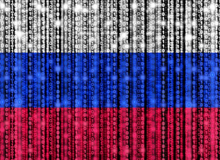 The tricolour Russian flag’s bands of white, blue and red depicted in binary code.