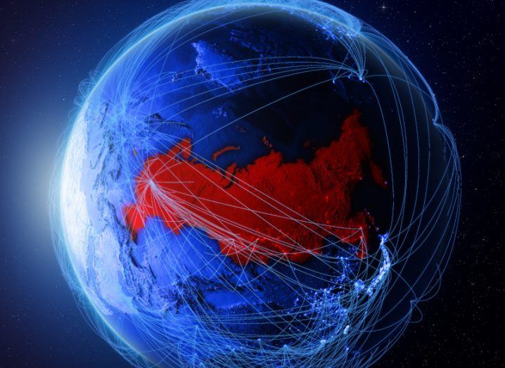 Image of the world with connection lines going to countries, with Russia clearly visible in red.