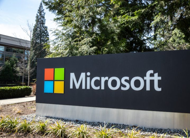 The Microsoft logo signposting its headquarters in Redmond, Washington.