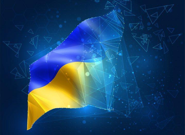 Ukraine flag with blue digital imagery on half of it, in a dark blue background.