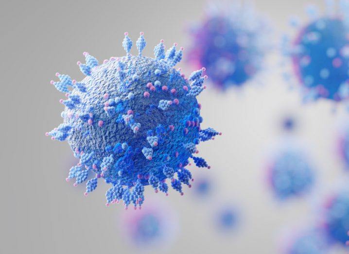 Illustration of a SARS-CoV-2 virus, a textured blue orb with spike protein protrusions.