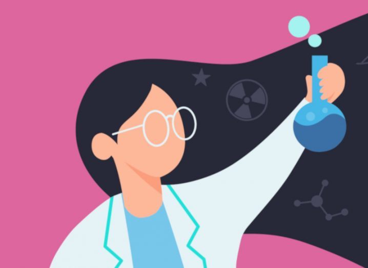 A cartoon of a woman scientist holding up a beaker.