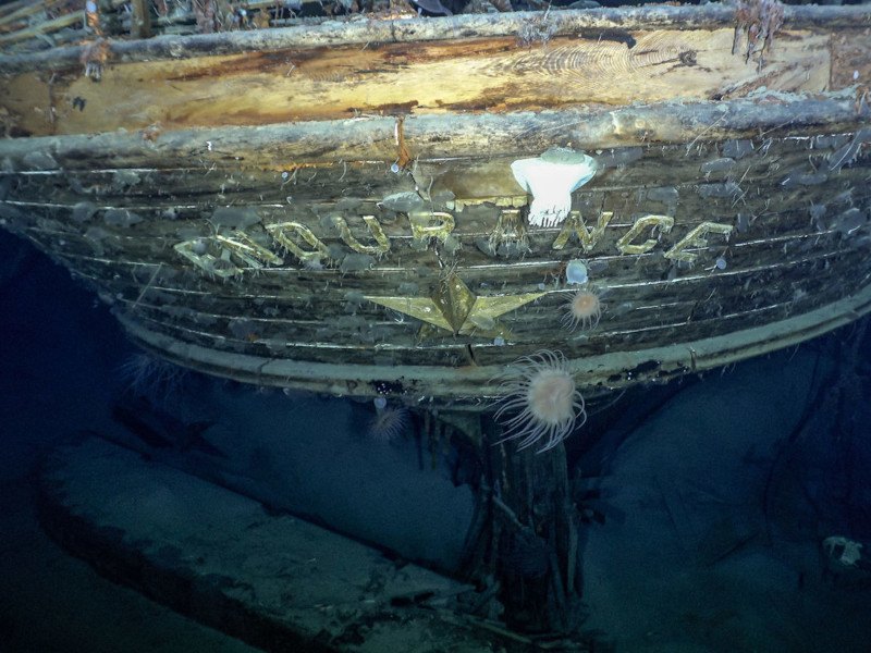 The Endurance shipwreck with its name visible underwater.