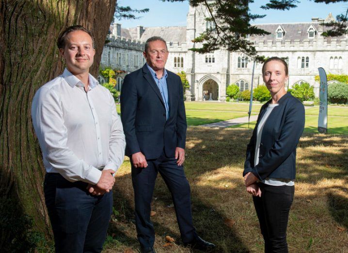 Outside of University College Cork stand Principal investigator at APC Microbiome Ireland Prof Liam O’Mahony, APC director Prof Paul Ross and Cork University Hospital consultant in infectious diseases Dr Corinna Sadlier.