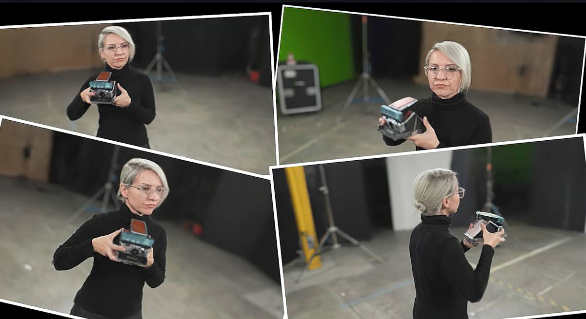 Four photos at different angles of a woman holding a Polaroid camera.