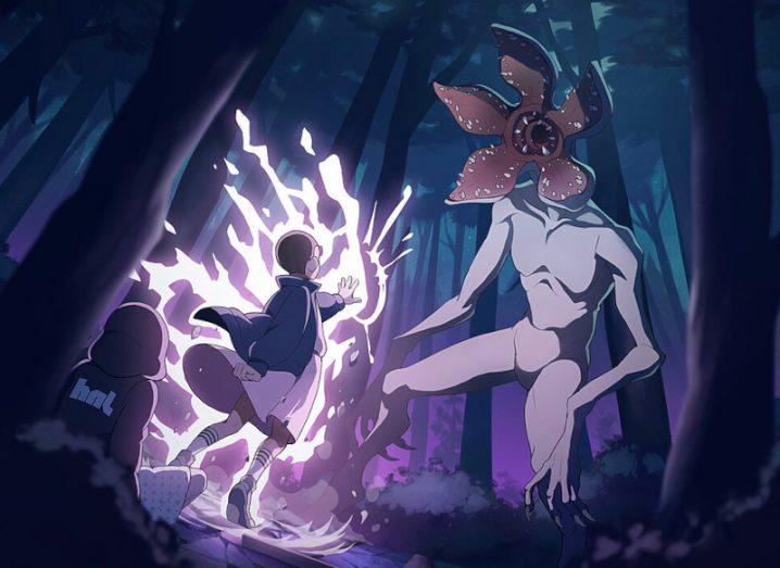 Illustration of Eleven from Stranger Things standing up to a Demogorgon monster in a forest.