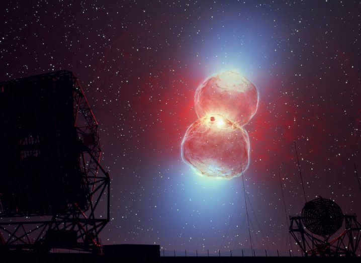 Artist's impression of an explosion in the night sky with telescopes facing in its direction.