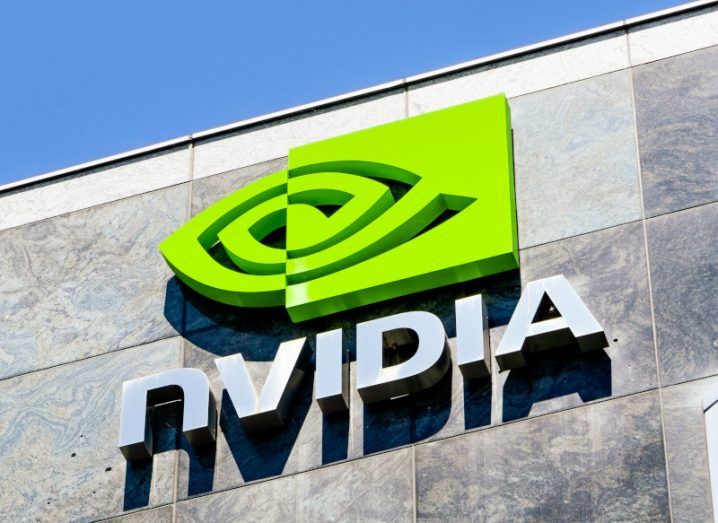 The Nvidia logo on the side of an office building.