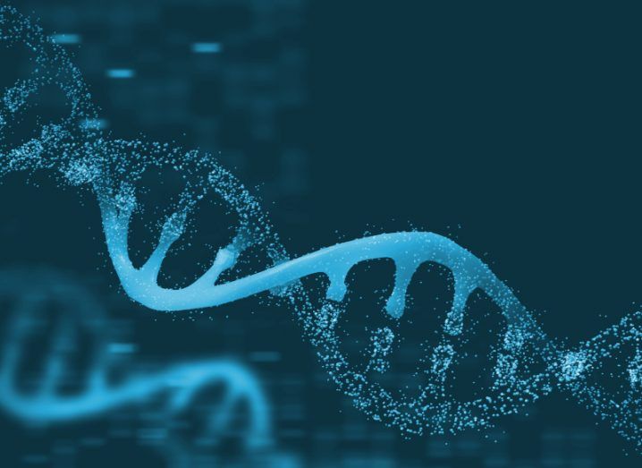 A 3D illustration of the structure of a human genome – a strand of blue DNA against a dark background.