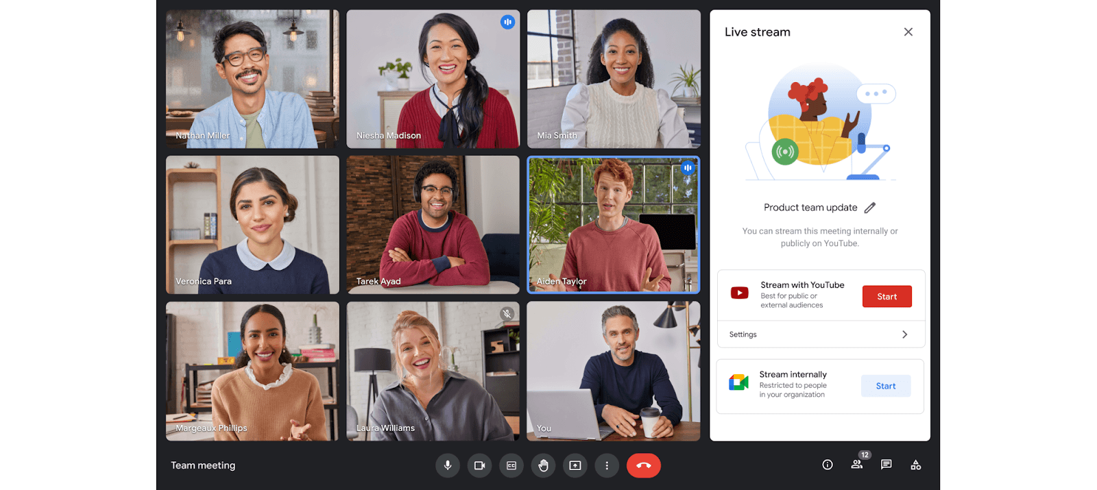 Google Workspace interface featuring nine colleagues on a virtual call.
