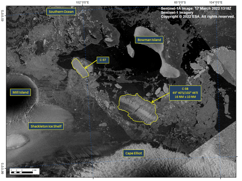 Satellite imagery showing a view of Antarctica, featuring the Shackleton ice shelf, Bowman Island, and the collapsed Conger ice shelf.