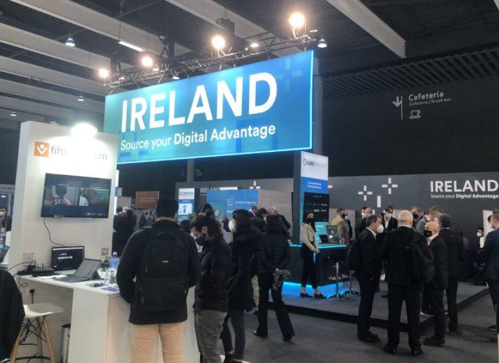 The Ireland stand at the Mobile World Congress in Barcelona 2022, with "Source your digital advantage" written on a sign above it.