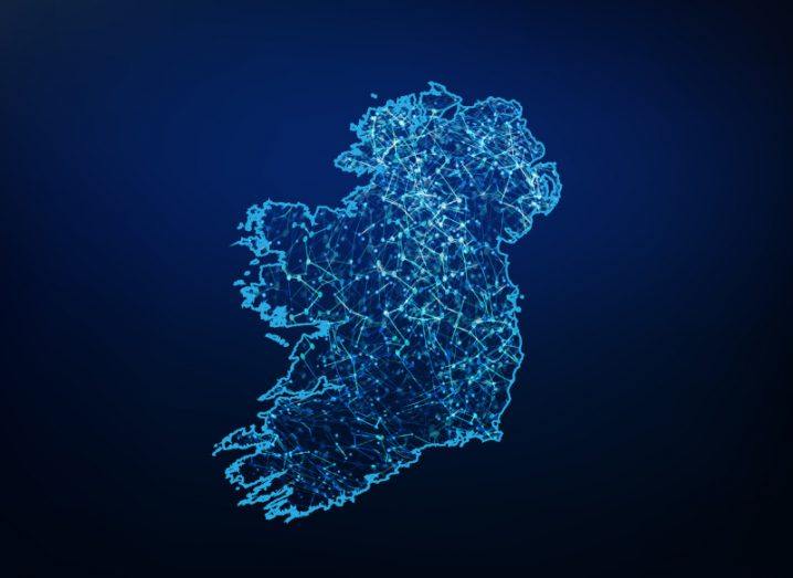 Abstract aerial map of Ireland showing connectivity points in blue.