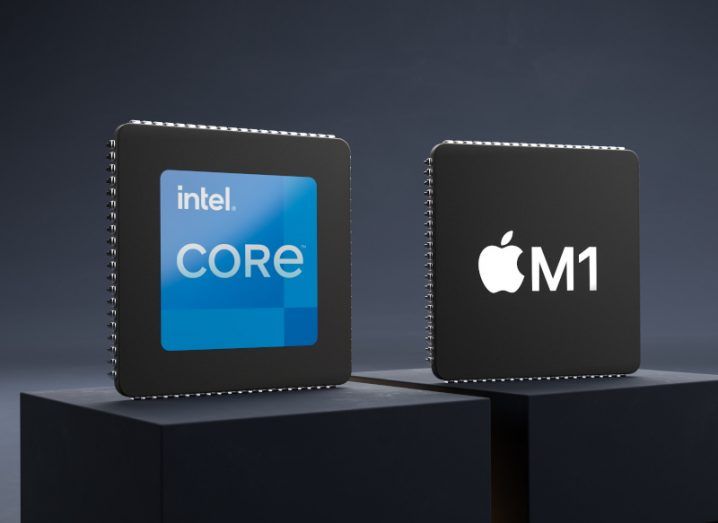 Intel Core chip next to the Apple M1 chip, both standing on pedestals in a grey background.