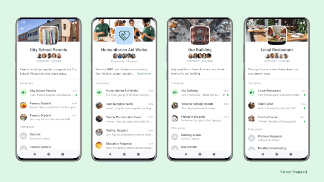 Four smartphone screens displaying different WhatsApp communities.