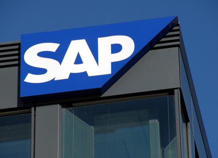 The SAP logo on a building.