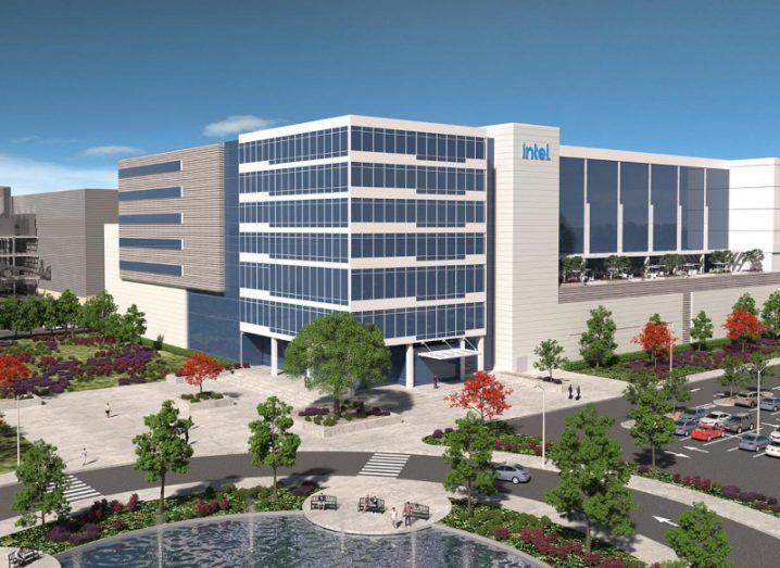 A rendering of a large building with the Intel logo on the side.