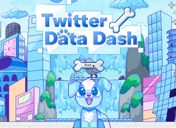 Title screen of the online game called Twitter Data Dash, which has a blue cartoon dog in front with a bone over its head. A cartoon city is in the background.