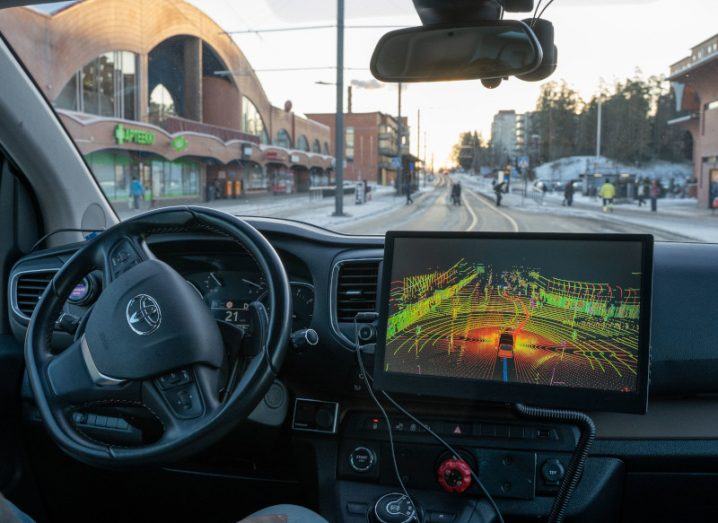 Interior of an autonomous Toyota Proace in Hervanta, a campus suburb in Tampere, Finland. A screen is in the car which shows what the self-driving car sees as it moves on the road.
