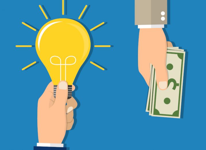 Cartoon of a businessperson giving a wad of dollars to an idea, person holding a lightbulb.