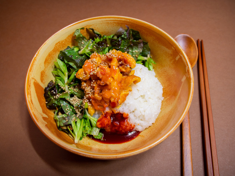 Semangkuk bibimbap - hidangan nasi Korea dengan semprotan laut terlihat di tengah mangkuk.
