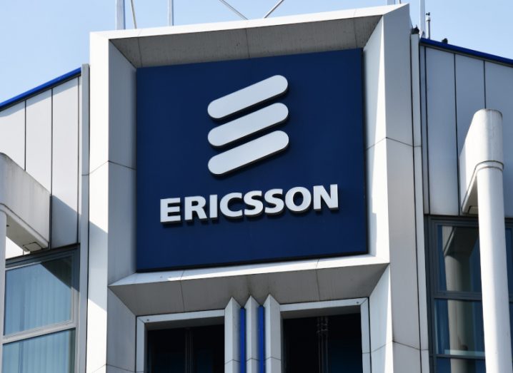 A building with the Ericsson name and logo on the front above the door.