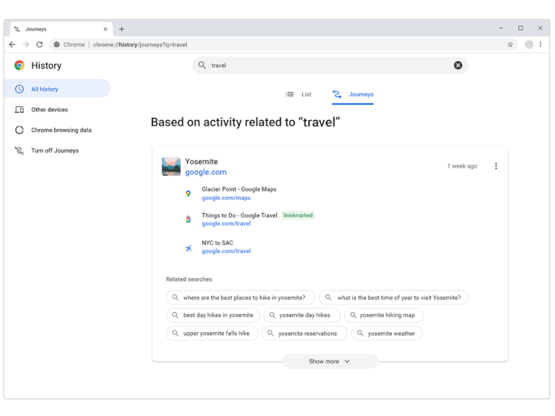 A screenshot showing the Journeys feature on a user’s Chrome browser, gathering together travel information for a trip to Yosemite. 