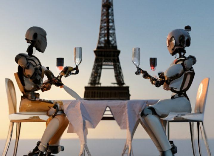 AI-generated image of two robots sitting at opposite ends of a table, holding glasses of wine. The Eiffel Tower is in the background.
