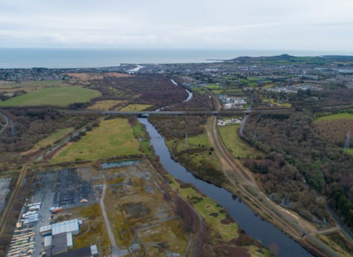 Aerial view of the Arklow site being developed by SSE Renewables beside the Wicklow coastline.