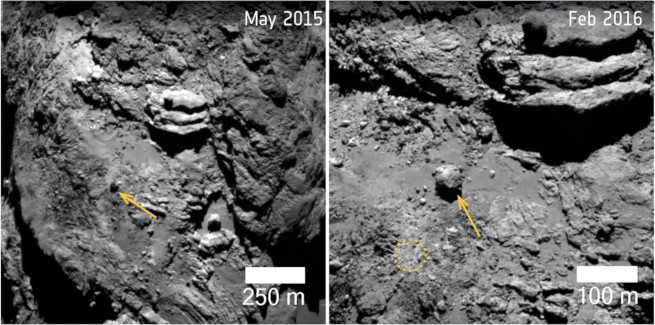 Two side-by-side images of a comet's surface showing the movement of a boulder between May 2015 and Feb 2016.