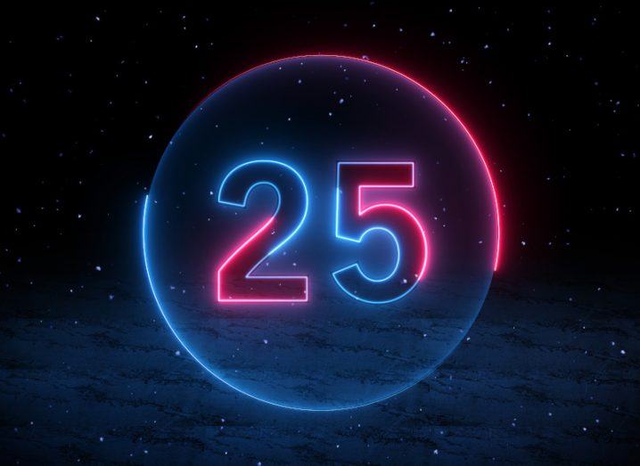 The number 25 in blue and red neon lights with a circle around it.
