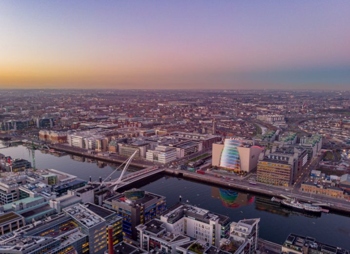 A view over Dublin's city centre at sunset.