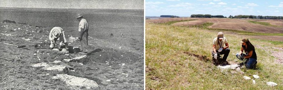 Two images side by side of a grassy location, with two people in each image. The image on the left is in black and white while the right is in colour.