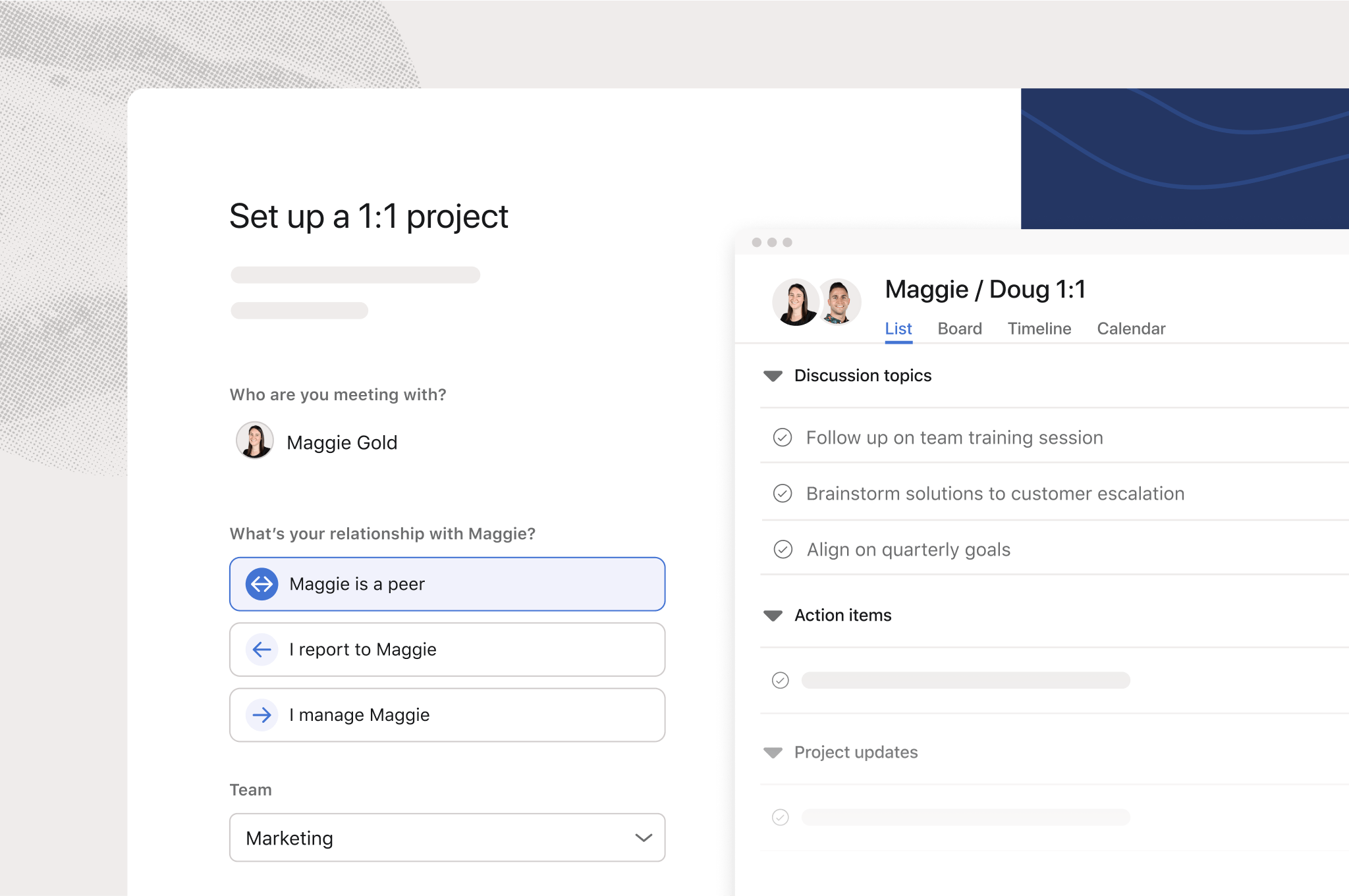 Asana one-on-one meeting template redesign.