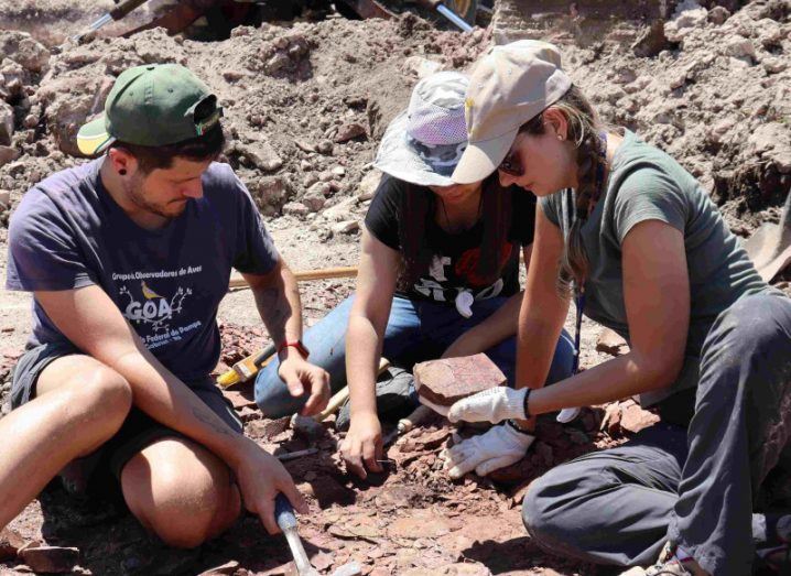 A man and two women at a dig site, working on the ground to discover fossils on a sunny day. The site is in Brazil.