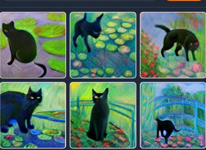 Six images of a black cat near some plants, created by an AI model.