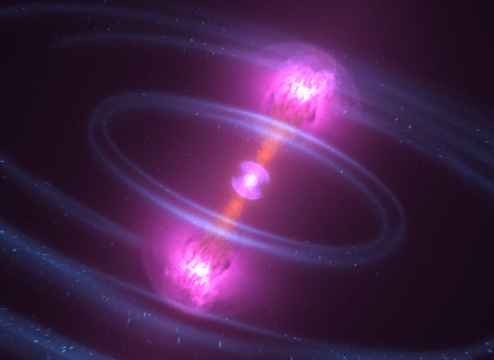 Illustration of the merger of two neutron stars. There are blue rings around the collision, with two beams of orange light stemming out from the center that become pink as they bloom outward.