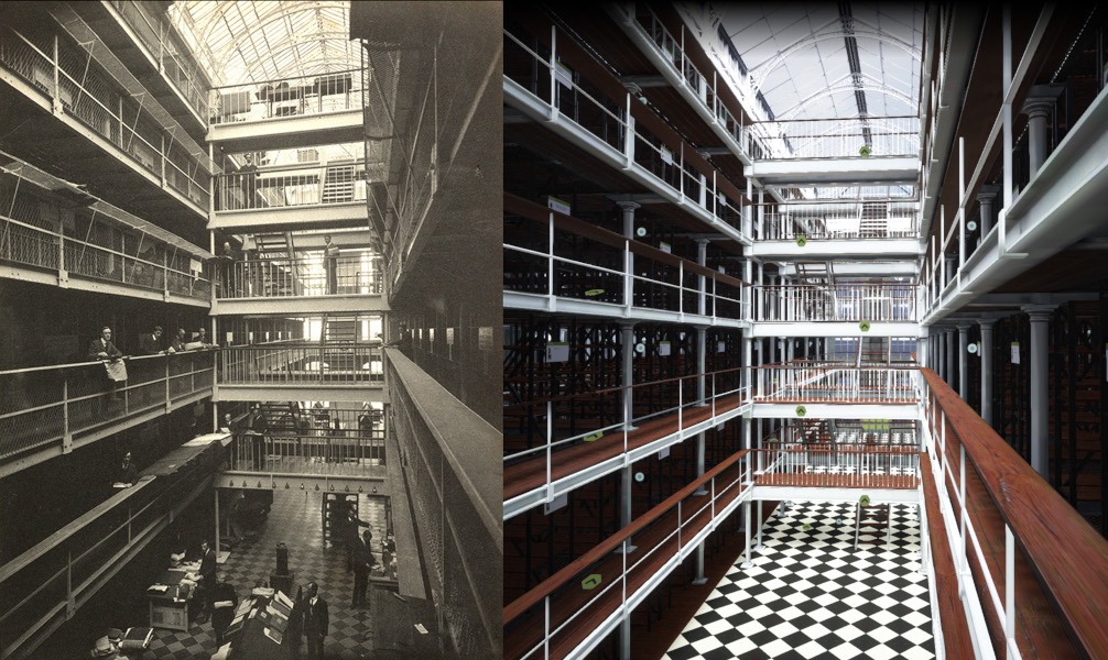 An image on the left shows the Public Record Office before it was destroyed, and an image on the right shows how it has been virtually recreated. 