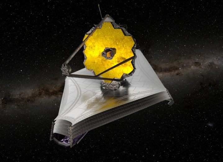 Illustration of the James Webb Space Telescope floating in space, with stars visible in the distance.