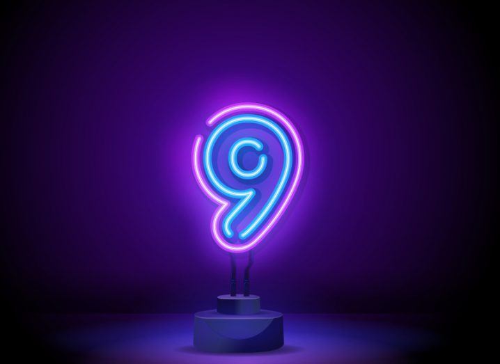 The number nine in neon blue light to represent the 9 Web3 start-ups accelerating with Techstars in Dublin.