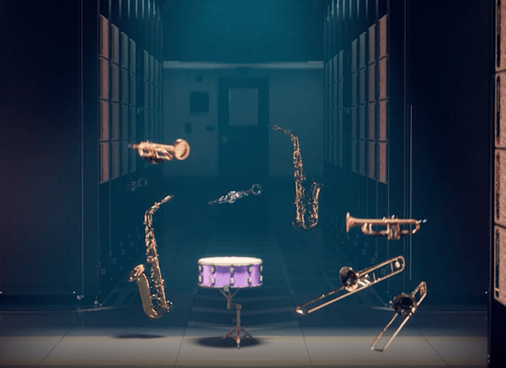 Multiple band instruments hovering in an empty hallway. The instruments are all 3D models created from 2D photos, created by the Nvidia 3D MoMa.