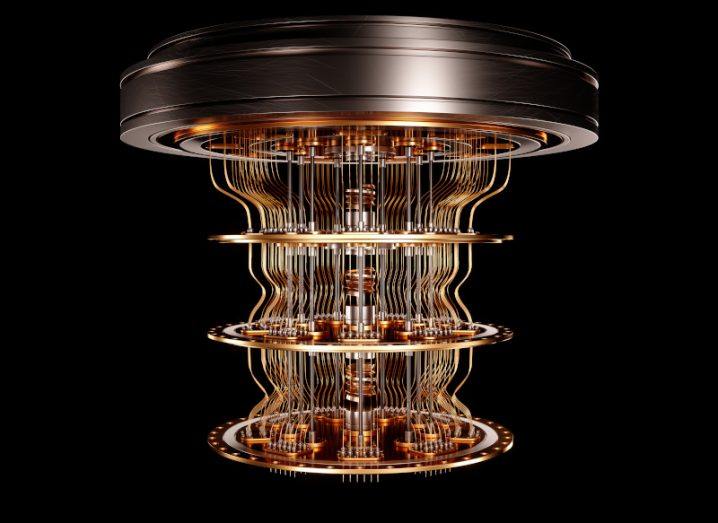 A brown quantum computer concept in a black background.