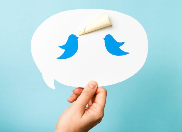 Two blue Twitter birds in a white speech bubble on a blue background. One bird has a scroll in front of its beak.