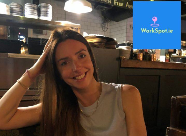 WorkSpot.ie founder Caroline Price sits in a restaurant where she is able to work remotely.