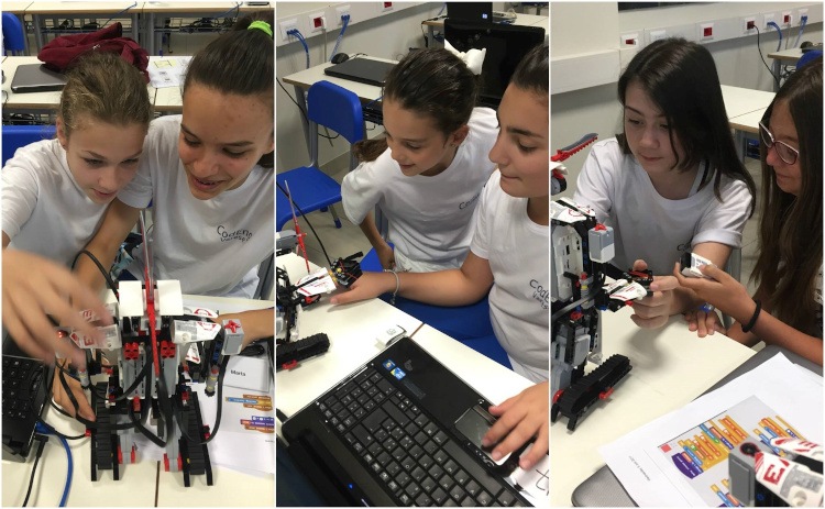 Three images in a grid showing young students creating robots.