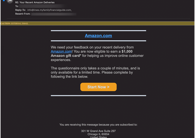 An email phishing scam that looks as if it came from Amazon. The email is offering a $1,000 gift card if the user clicks a link.