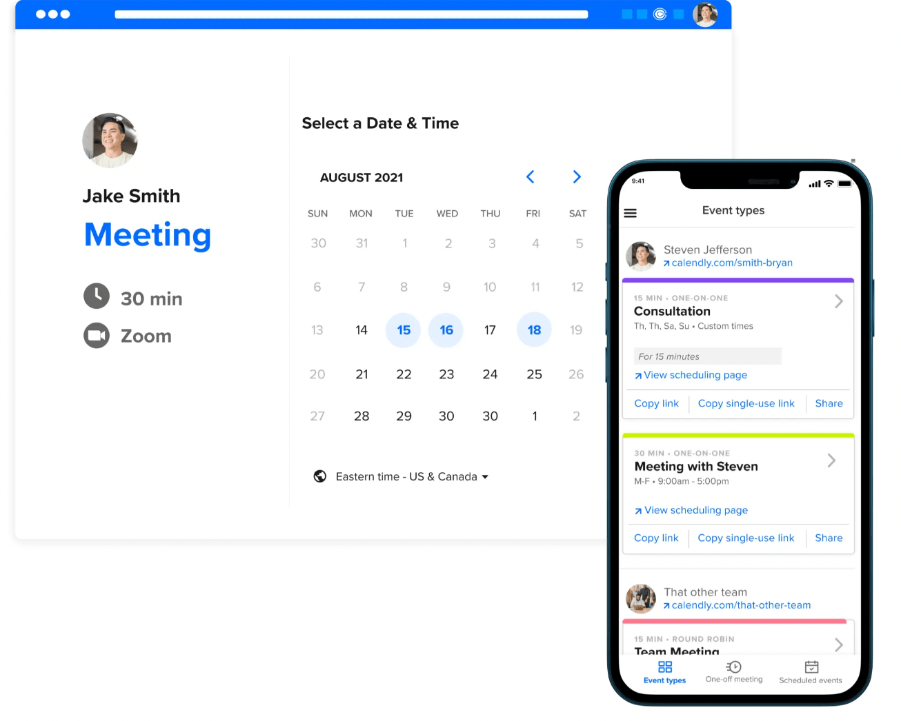Calendly interface on desktop and a smartphone.