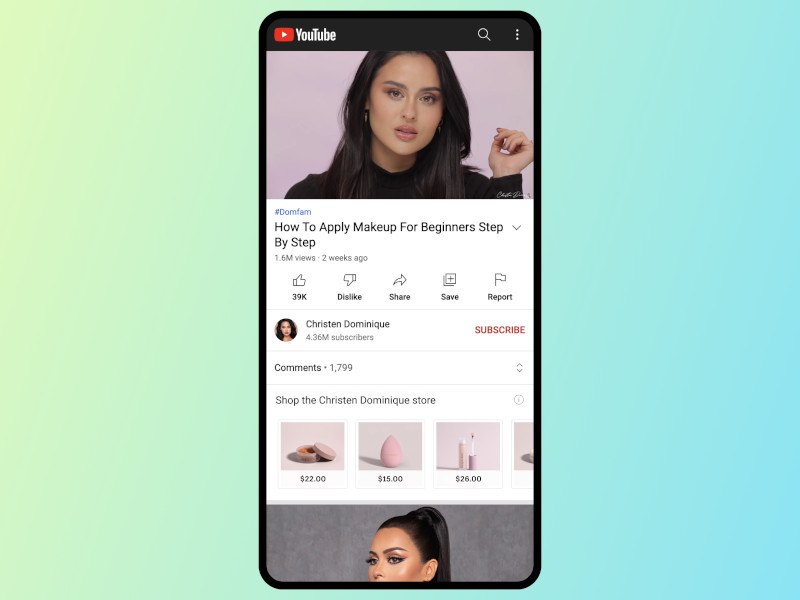 A phone screen showing a make-up tutorial on YouTube, with the option to purchase items that have been used in the video.
