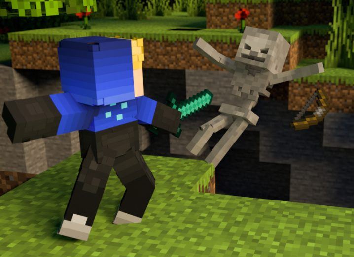 A character in Minecraft strikes another one with a sword.