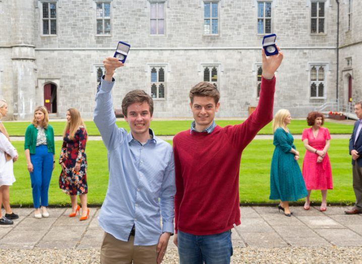 Peter Best-Lydon and Ciarán McDermott of Ictus Medical lifting their awards at the Galway accelerator.